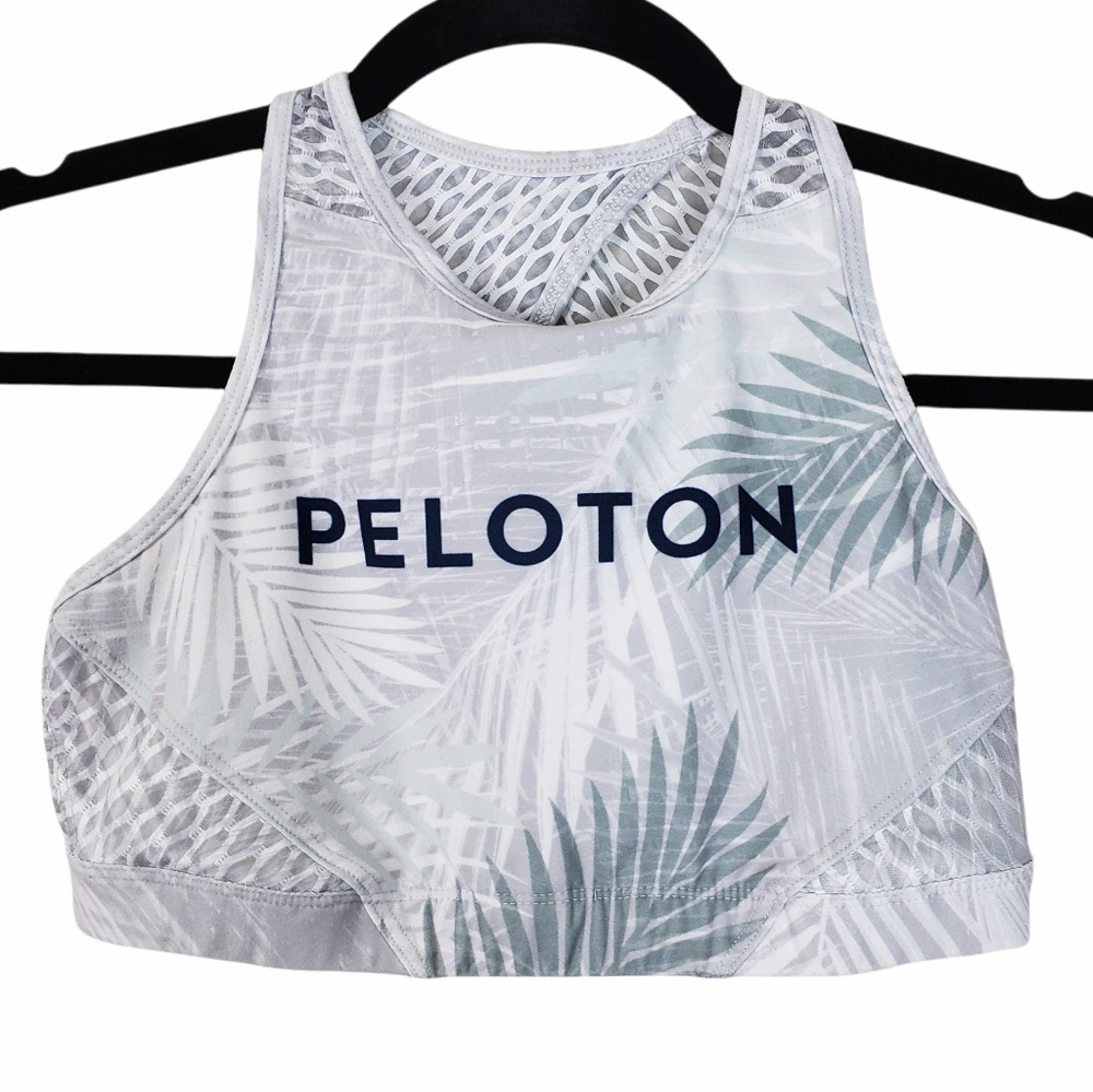 Peloton x WITH Tropical Leaf Grey Sports Bra Sheer Key Hole Back Sexy Work Out S